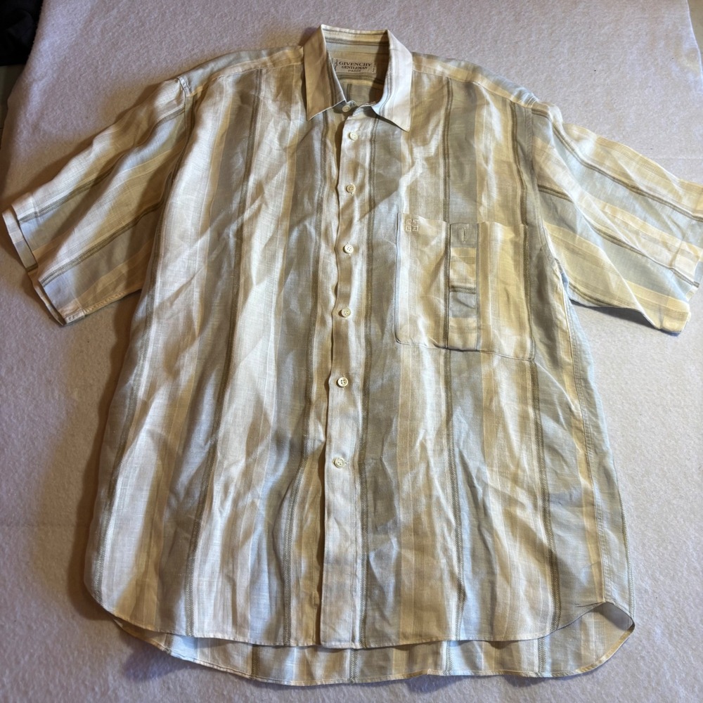 Vintage Givenchy Gentleman Paris Linen Striped Short Sleeve Button Up Shirt‎